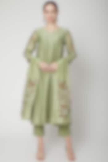 Olive Green Embroidered Kurta Set by Dharai