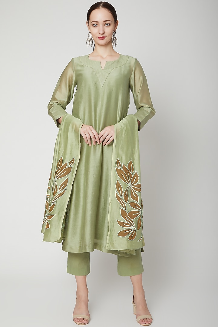 Olive Green Embroidered Kurta Set by Dharai