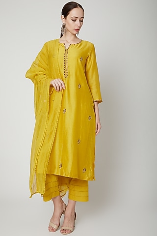 Yellow Hand Embroidered Kurta Set by Dharai