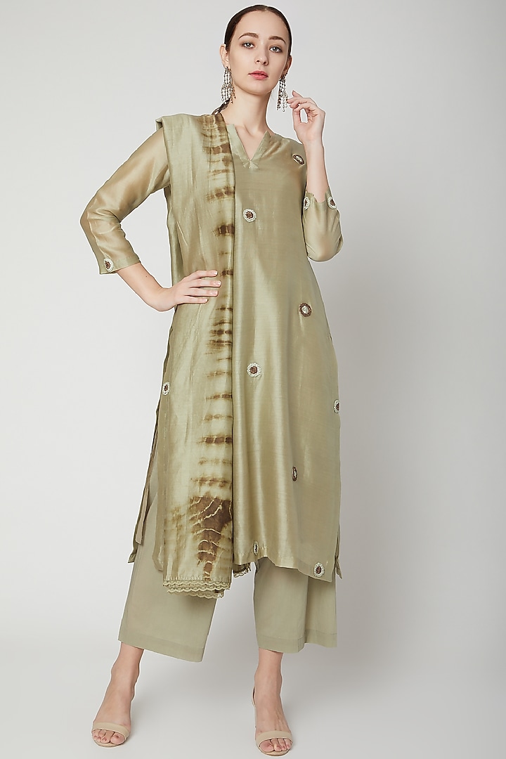 Olive Green Hand Embroidered Kurta Set by Dharai
