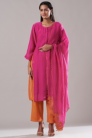 Rani Pink Pure Chanderi Kurta Set by Dharai