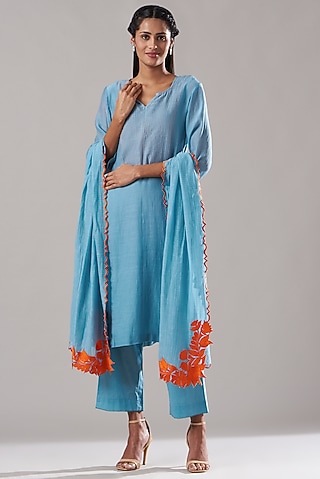 Bright Blue Pure Chanderi Kurta Set by Dharai