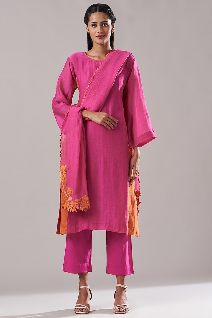 Rani Pink Pure Chanderi Kurta Set by Dharai