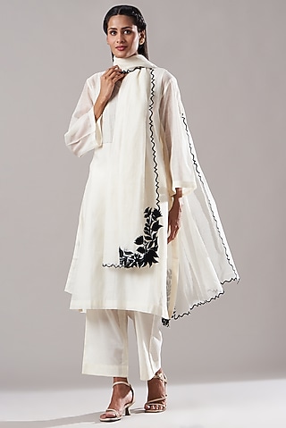 White Pure Chanderi Kurta Set by Dharai