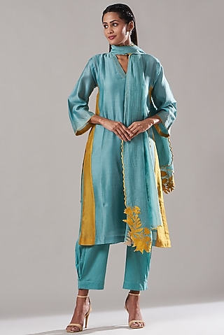 Dusty Blue Pure Chanderi Kurta Set by Dharai