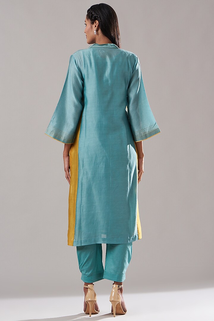 Dusty Blue Pure Chanderi Kurta Set by Dharai at Pernia's Pop Up Shop