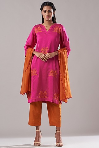 Rani Pink Embroidered Kurta Set by Dharai