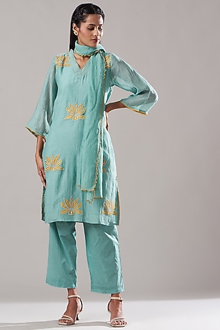 Dusty Blue Embroidered Kurta Set by Dharai