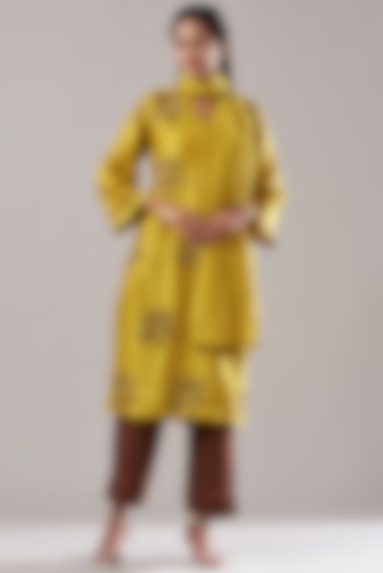 Dusty Yellow Embroidered Kurta Set by Dharai