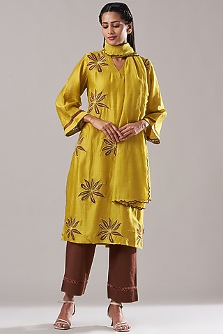 Dusty Yellow Embroidered Kurta Set by Dharai