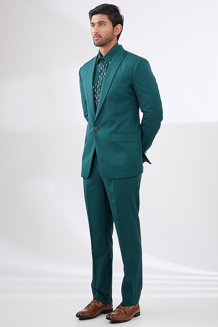 Teal Blue Terry Rayon Non Wool Suit Set by Dhananjay