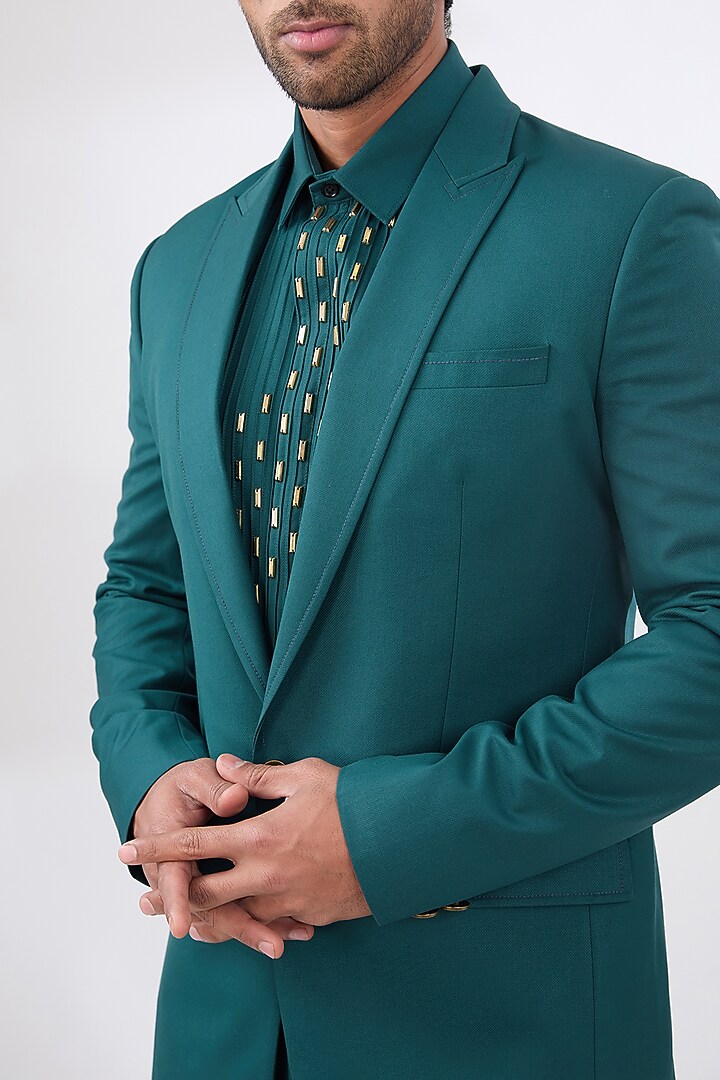 Teal Blue Terry Rayon Non Wool Suit Set by Dhananjay at Pernia's Pop Up Shop