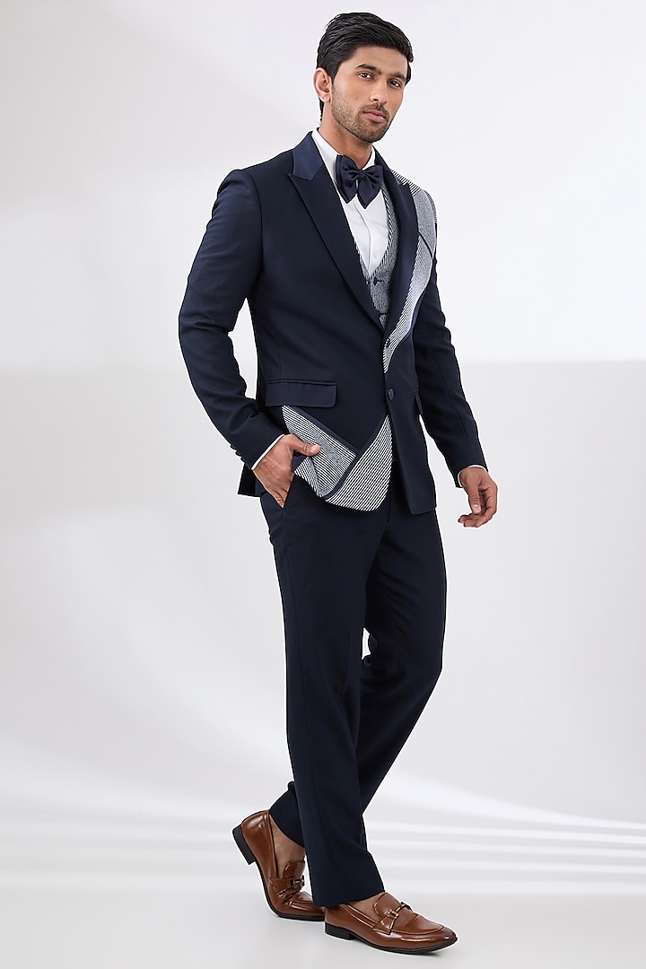 Navy Blue Terry Rayon Non Wool Suit Set by Dhananjay