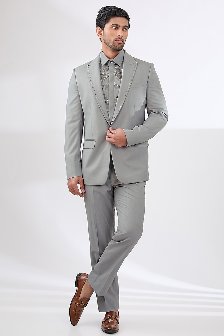 Steel Grey Terry Rayon Non Wool Suit Set by Dhananjay