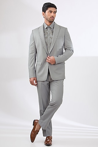 Steel Grey Terry Rayon Non Wool Suit Set by Dhananjay