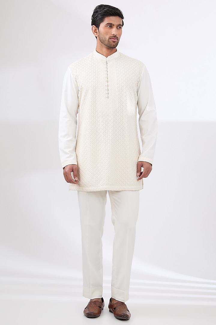 Ivory Terry Rayon Non Wool Wedding Indowestern Set by Dhananjay at Pernia's Pop Up Shop