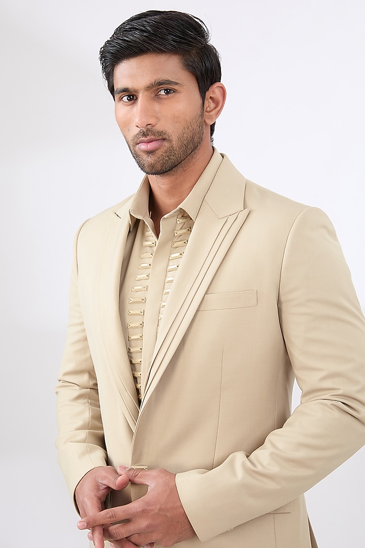 Beige Terry Rayon Non Wool Suit Set by Dhananjay at Pernia's Pop Up Shop
