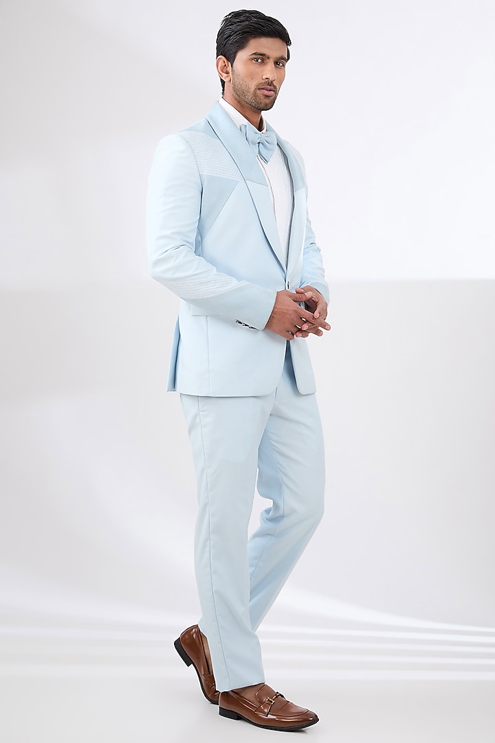 Powder Blue Terry Rayon Non Wool Suit Set by Dhananjay