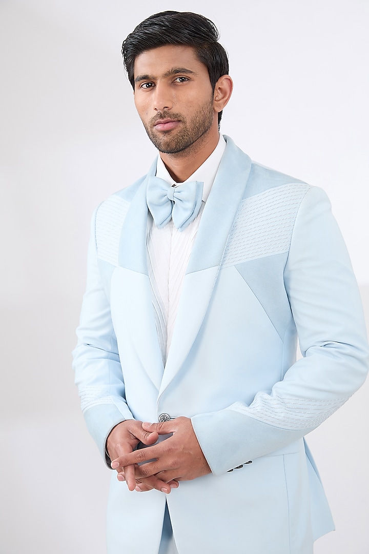 Powder Blue Terry Rayon Non Wool Suit Set by Dhananjay at Pernia's Pop Up Shop