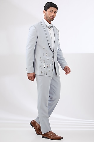 Grey Terry Rayon Non Wool Acrylic Embellished Suit Set by Dhananjay