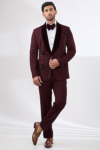 Wine Terry Rayon Non Wool Hand Embroidered Suit Set by Dhananjay