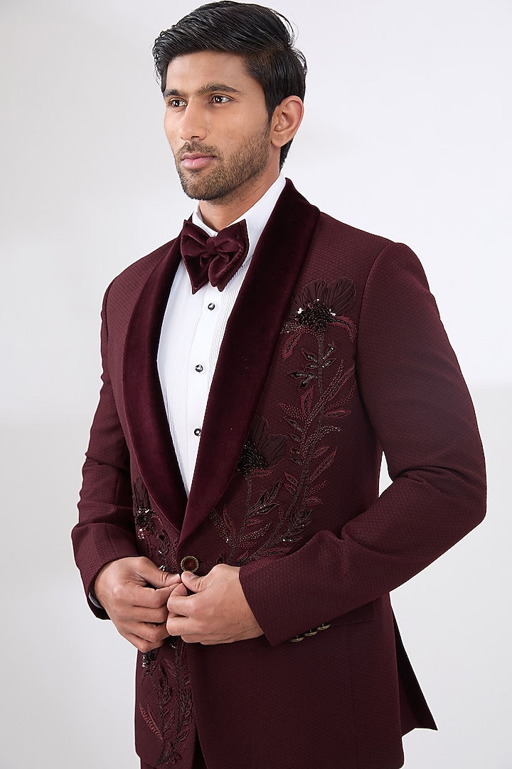Wine Terry Rayon Non Wool Hand Embroidered Suit Set by Dhananjay at Pernia's Pop Up Shop