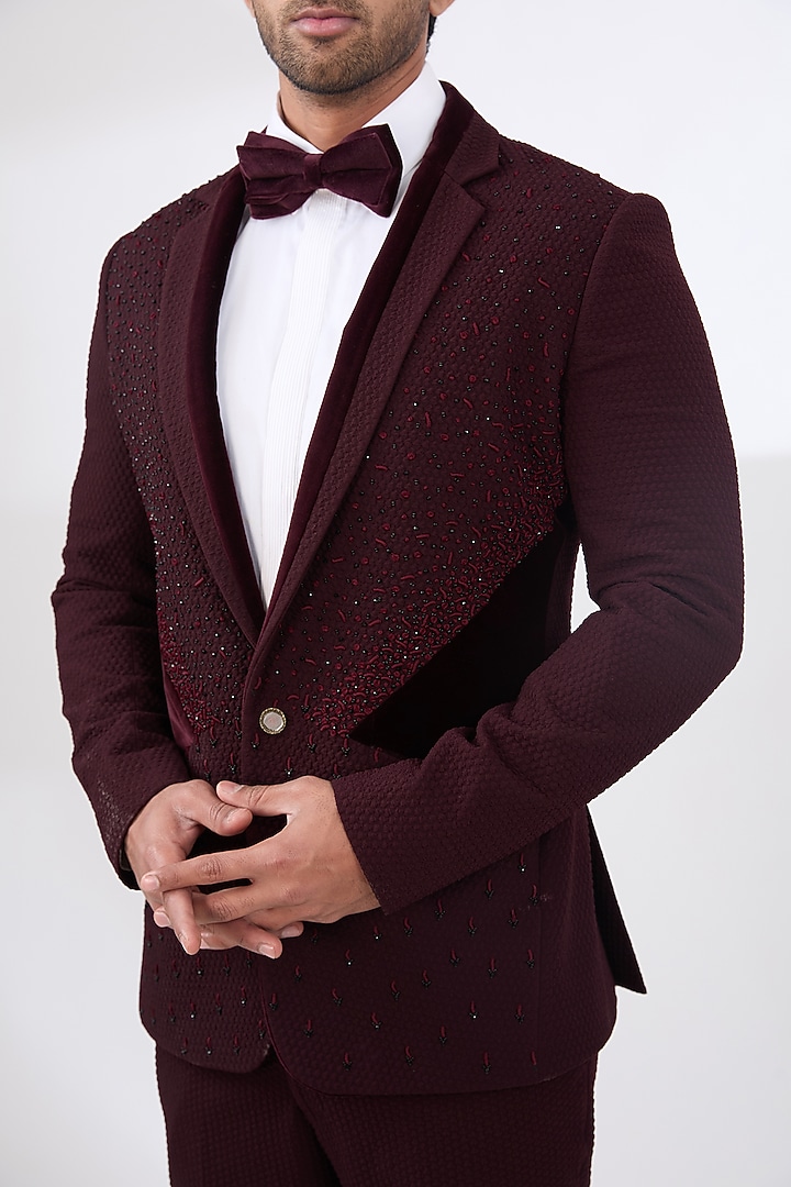 Wine Terry Rayon Non Wool Hand Embroidered Suit Set by Dhananjay at Pernia's Pop Up Shop