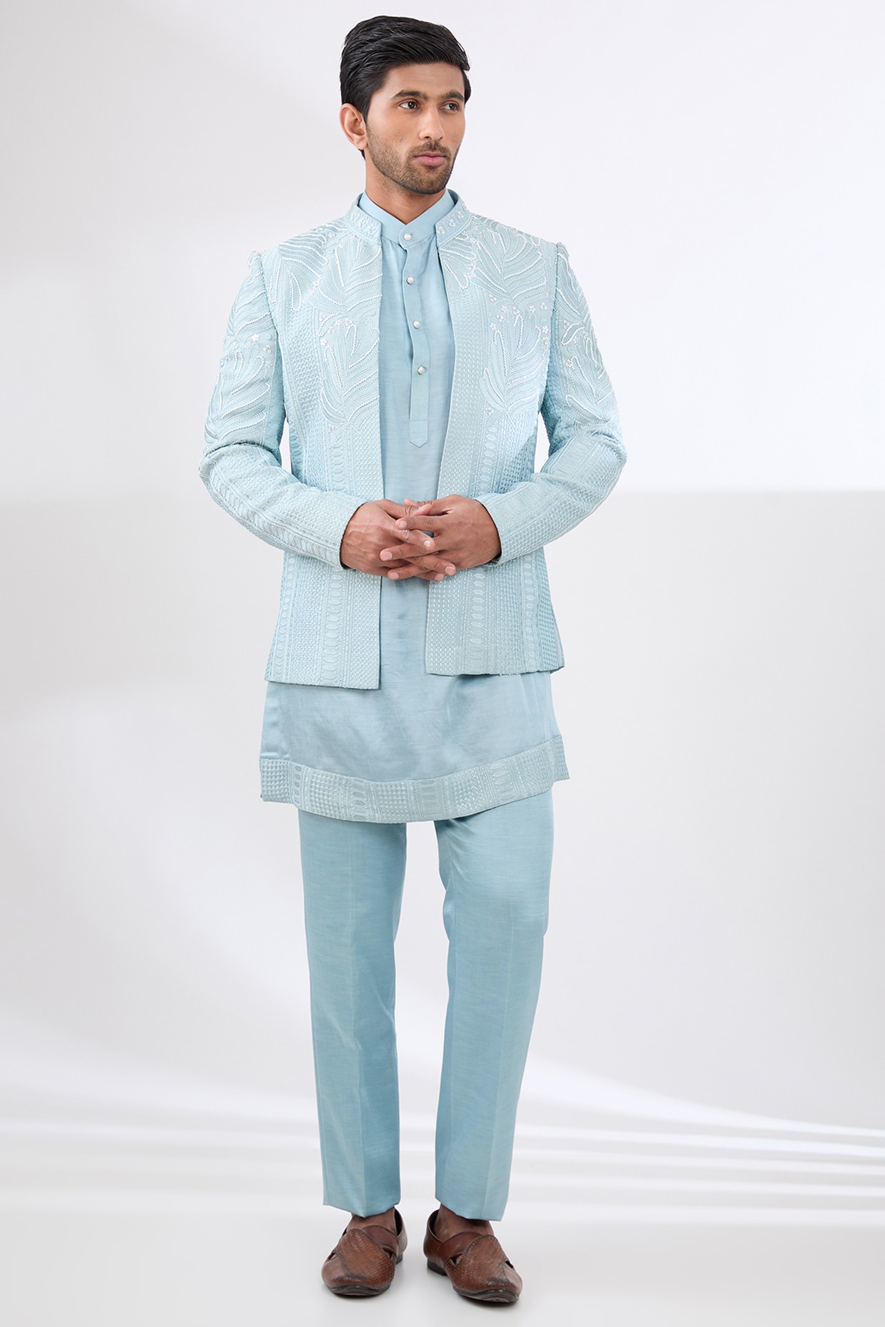 Dhananjay Ice Blue Satin Linen Resham & Cutdana Embroidered Indowestern Set