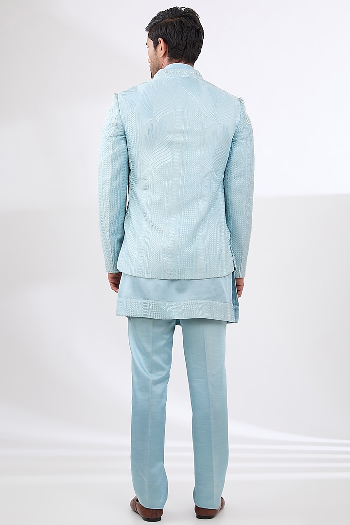 Ice Blue Satin Linen Resham & Cutdana Embroidered Wedding Indowestern Set by Dhananjay at Pernia's Pop Up Shop