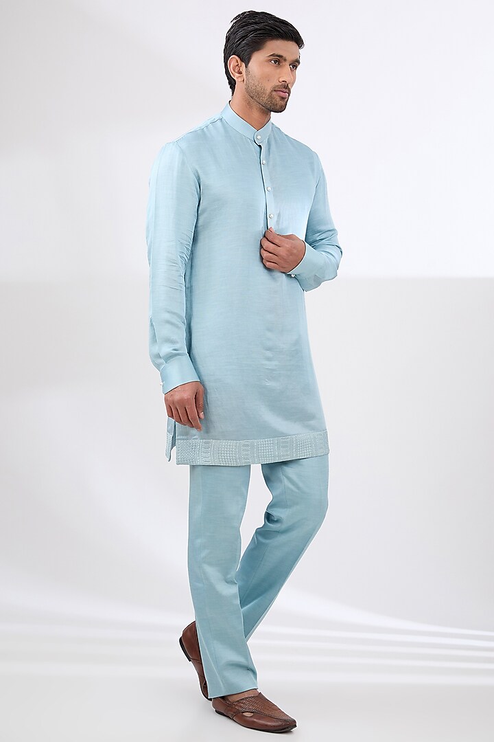 Ice Blue Satin Linen Resham & Cutdana Embroidered Wedding Indowestern Set by Dhananjay at Pernia's Pop Up Shop