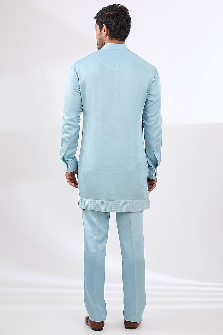 Ice Blue Satin Linen Resham & Cutdana Embroidered Wedding Indowestern Set by Dhananjay at Pernia's Pop Up Shop
