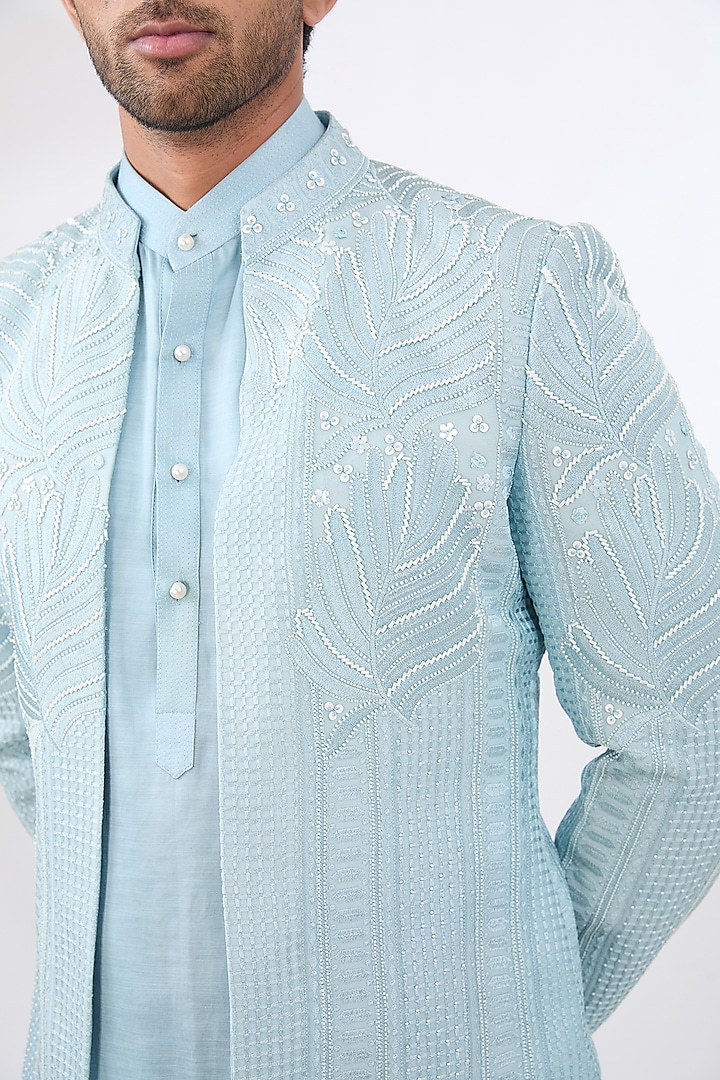 Ice Blue Satin Linen Resham & Cutdana Embroidered Wedding Indowestern Set by Dhananjay at Pernia's Pop Up Shop