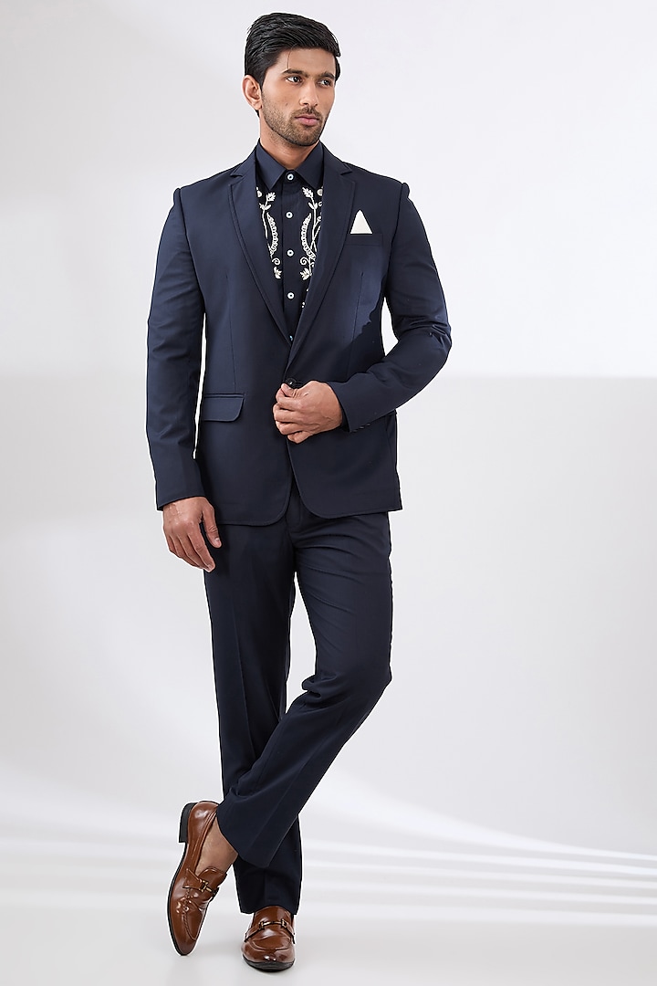 Navy Blue Terry Rayon Non Wool Suit Set by Dhananjay