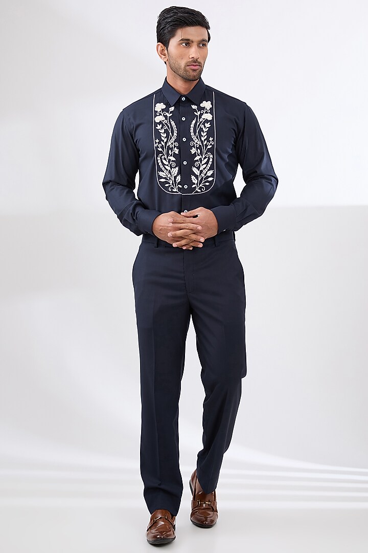 Navy Blue Terry Rayon Non Wool Suit Set by Dhananjay at Pernia's Pop Up Shop