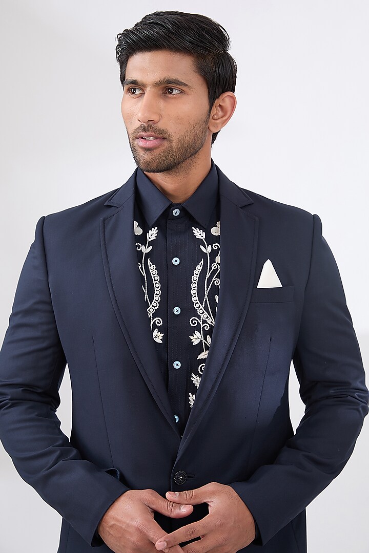 Navy Blue Terry Rayon Non Wool Suit Set by Dhananjay at Pernia's Pop Up Shop