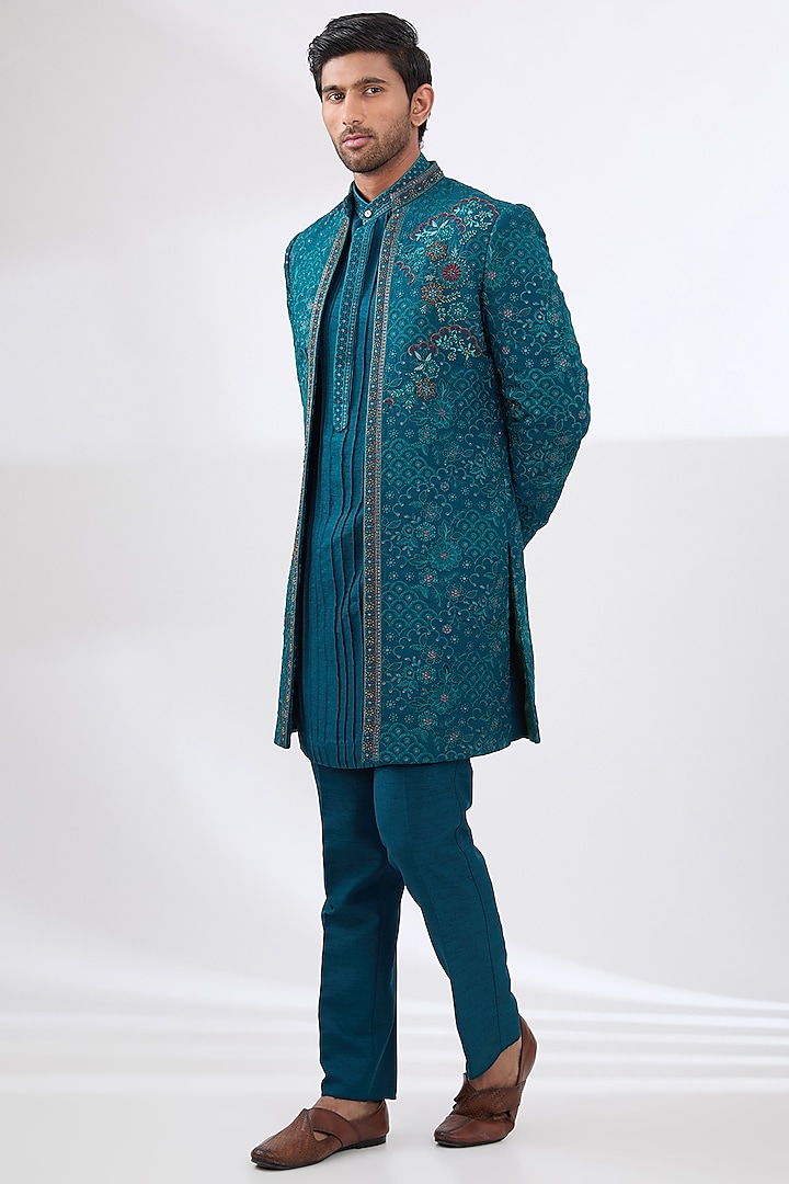 Teal Blue Terry Rayon Non Wool Embroidered Indo Western Set by Dhananjay