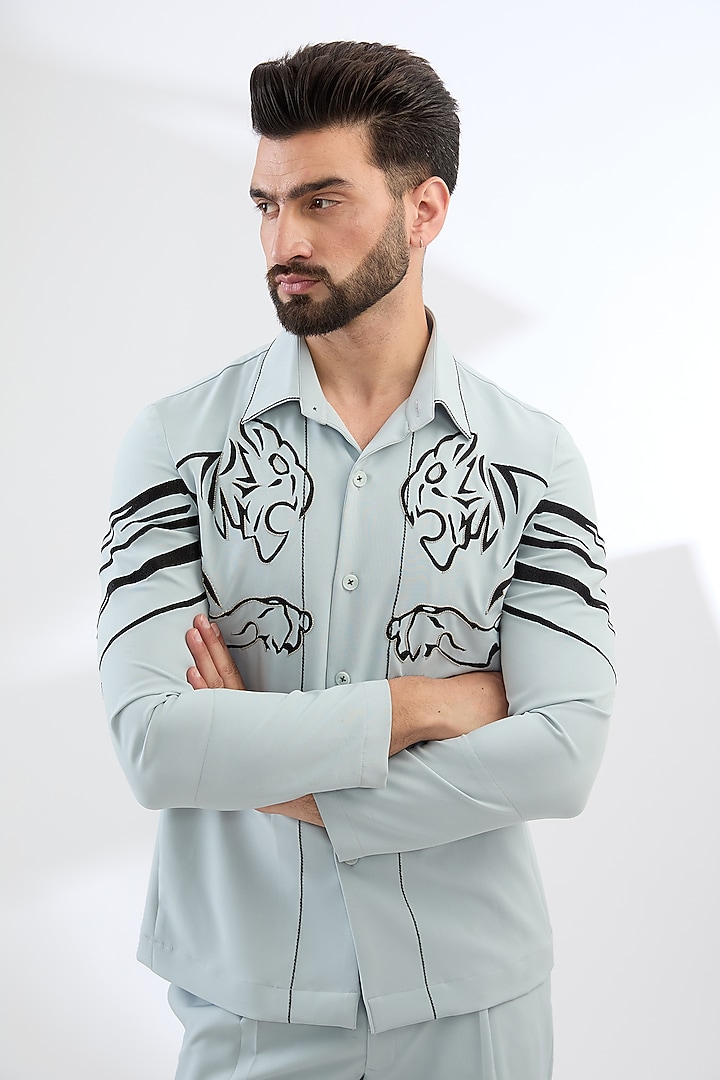 Powder Aqua Tencel Fabric Lion Face Embroidered Co-Ord Set by Dhananjay at Pernia's Pop Up Shop