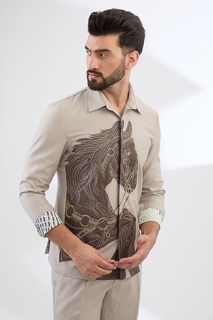 Beige Terry Rayon Stallion Embroidered Co-Ord Set by Dhananjay at Pernia's Pop Up Shop