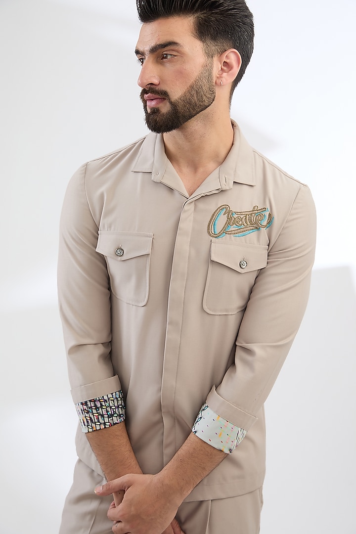 Beige Terry Rayon Embroidered Co-Ord Set by Dhananjay at Pernia's Pop Up Shop