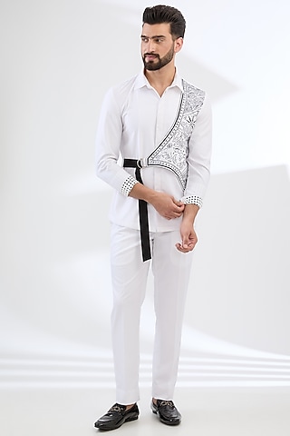 White Terry Rayon Embroidered Co-Ord Set by Dhananjay