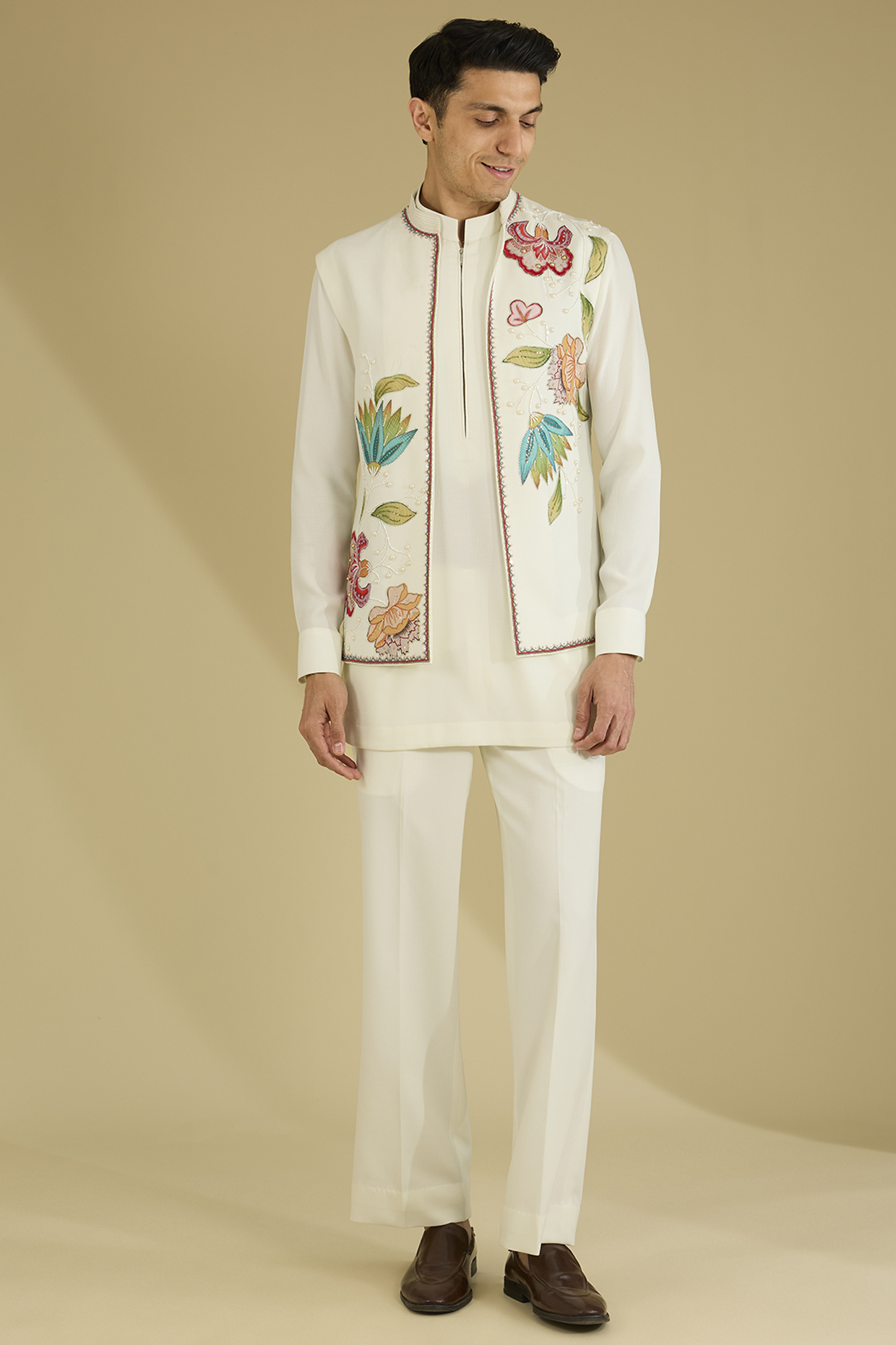 Ivory Nyasa Silk Floral Motifs Embroidered Nehru Jacket Set by Dhananjay