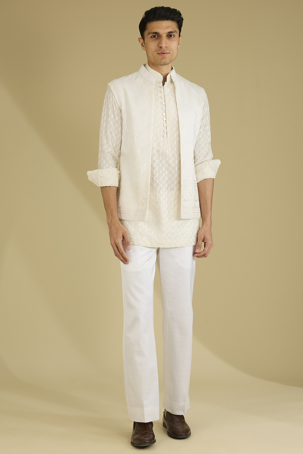 White Dola Silk Embroidered Nehru Jacket Set by Dhananjay