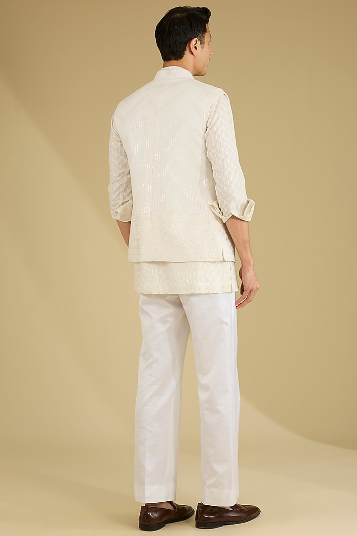 White Dola Silk Embroidered Nehru Jacket Set by Dhananjay at Pernia's Pop Up Shop
