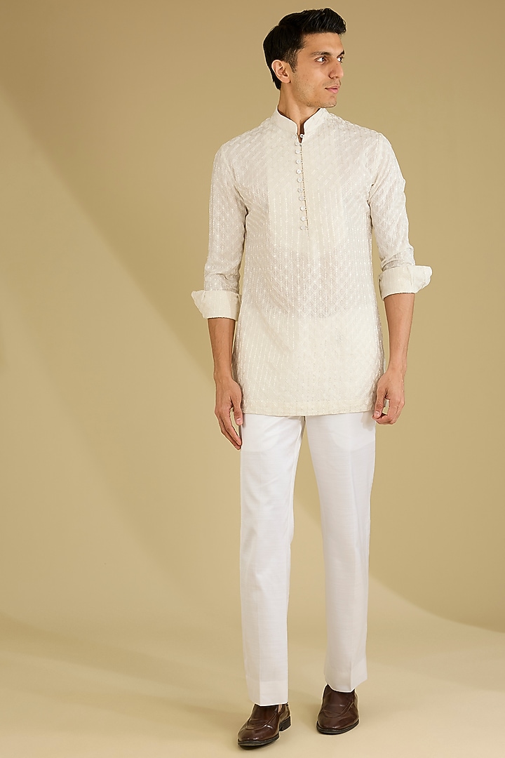 White Dola Silk Embroidered Nehru Jacket Set by Dhananjay at Pernia's Pop Up Shop