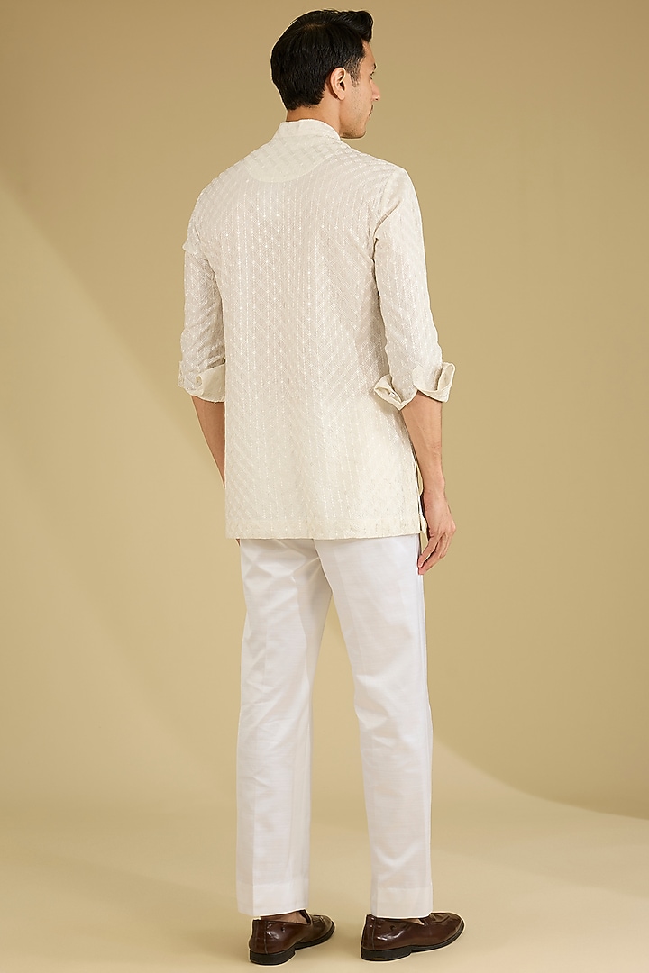 White Dola Silk Embroidered Nehru Jacket Set by Dhananjay at Pernia's Pop Up Shop
