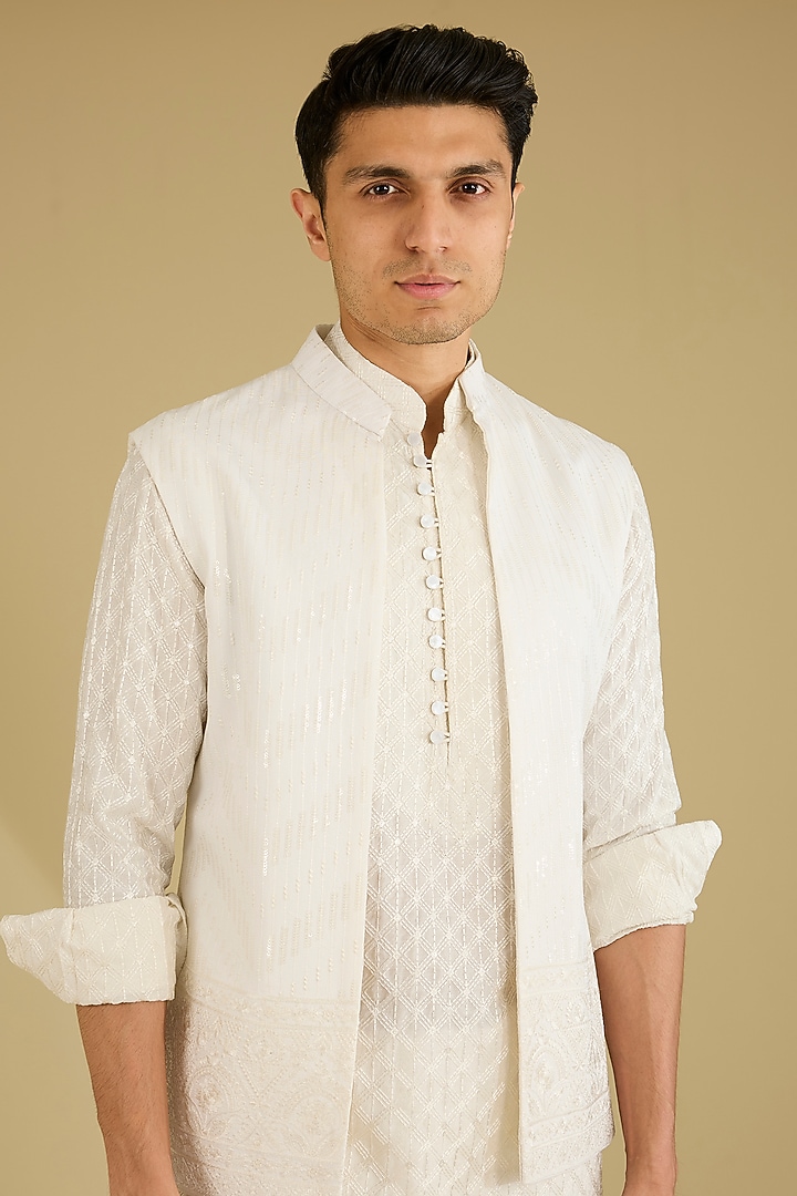 White Dola Silk Embroidered Nehru Jacket Set by Dhananjay at Pernia's Pop Up Shop