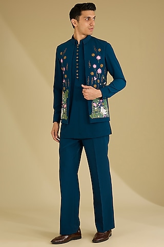 Navy Blue Nysa Silk Pichwai Art Embroidered Waistcoat Set by Dhananjay