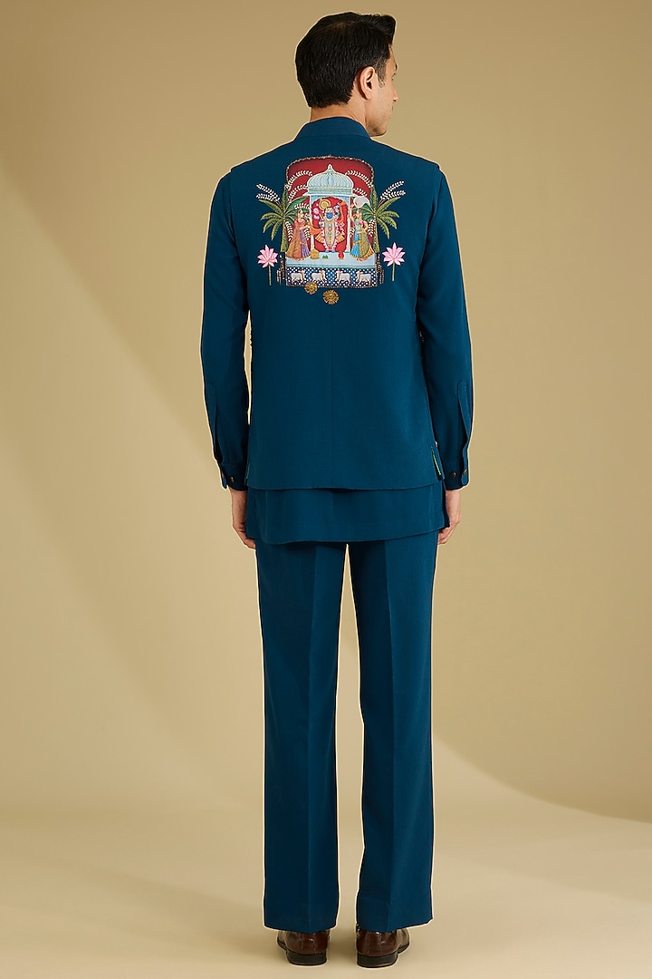 Navy Blue Nysa Silk Pichwai Art Embroidered Waistcoat Set by Dhananjay at Pernia's Pop Up Shop