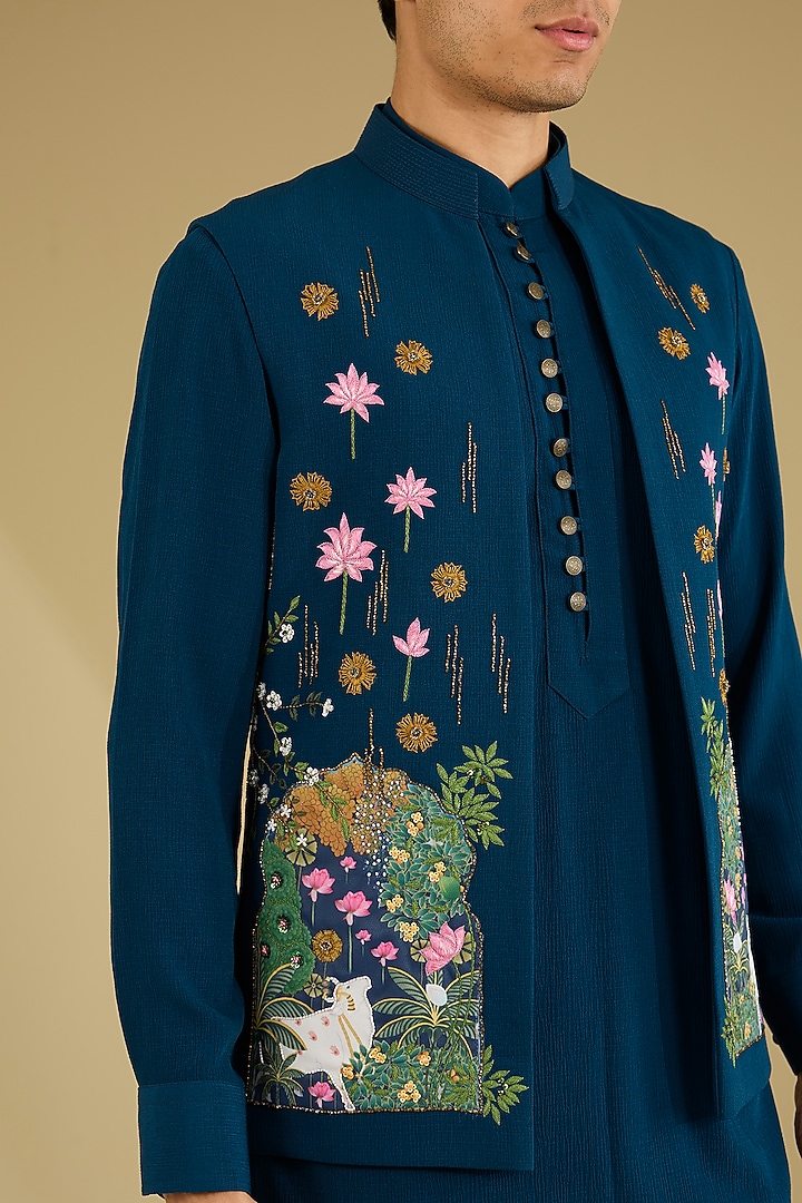 Navy Blue Nysa Silk Pichwai Art Embroidered Waistcoat Set by Dhananjay at Pernia's Pop Up Shop