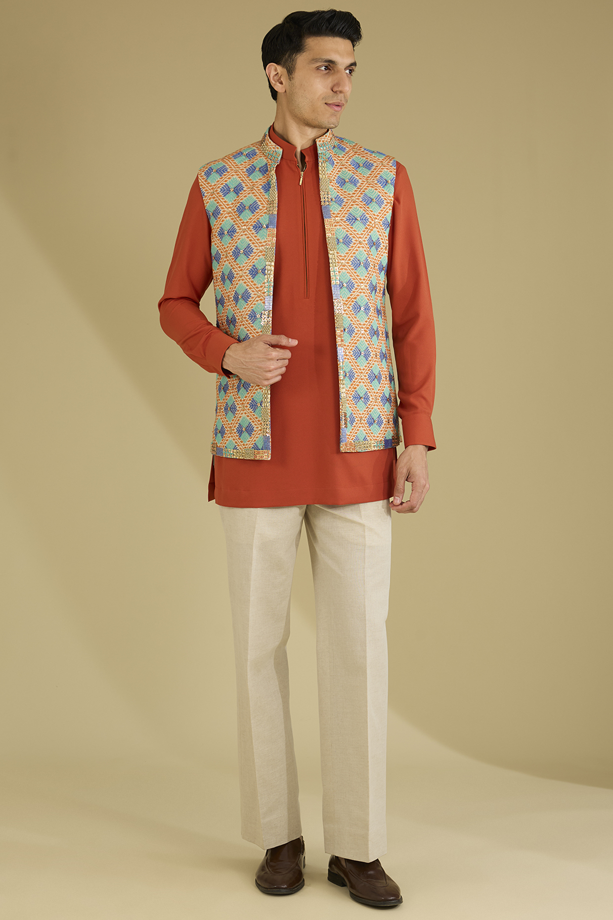Beige Linen Phulkari Embroidered Nehru Jacket Set by Dhananjay